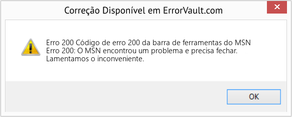 Fix Código de erro 200 da barra de ferramentas do MSN (Error Erro 200)