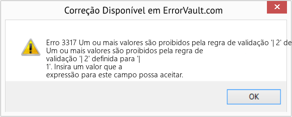 Download Error <?php echo $number; ?> (Um ou mais valores são proibidos pela regra de validação '| 2' definida para '| 1') Repair Tool Fix Um ou mais valores são proibidos pela regra de validação '| 2' definida para '| 1' (Error Erro 3317)