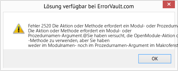 Download Error <?php echo $number; ?> (Die Aktion oder Methode erfordert ein Modul- oder Prozedurnamenargument) Repair Tool Fix Die Aktion oder Methode erfordert ein Modul- oder Prozedurnamenargument (Error Fehler 2520)