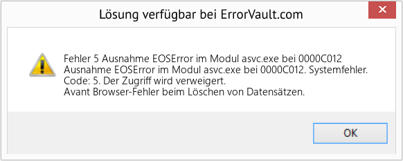 Fix Ausnahme EOSError im Modul asvc.exe bei 0000C012 (Error Fehler 5)