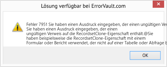 Download Error <?php echo $number; ?> (Sie haben einen Ausdruck eingegeben, der einen ungültigen Verweis auf die RecordsetClone-Eigenschaft enthält) Repair Tool Fix Sie haben einen Ausdruck eingegeben, der einen ungültigen Verweis auf die RecordsetClone-Eigenschaft enthält (Error Fehler 7951)