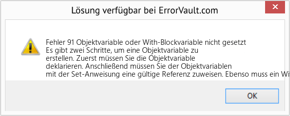 Fix Objektvariable oder With-Blockvariable nicht gesetzt (Error Fehler 91)