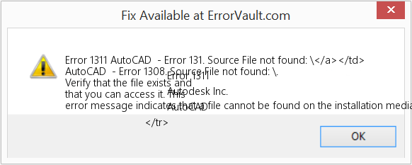 Fix AutoCAD  - Error 131. Source File not found: \</a></td>
                                    Error 1311
                                    Autodesk Inc.
                                    AutoCAD
                            </tr>
                         (Error Code 1311)