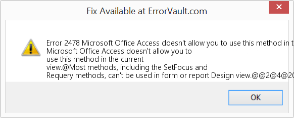 Download Error <?php echo $number; ?> (Microsoft Office Access doesn't allow you to use this method in the current view) Repair Tool Fix Microsoft Office Access doesn't allow you to use this method in the current view (Error Code 2478)