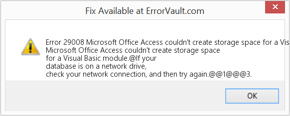 Download Error <?php echo $number; ?> (Microsoft Office Access couldn't create storage space for a Visual Basic module) Repair Tool Fix Microsoft Office Access couldn't create storage space for a Visual Basic module (Error Code 29008)