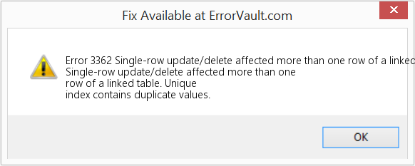 Download Error <?php echo $number; ?> (Single-row update/delete affected more than one row of a linked table) Repair Tool Fix Single-row update/delete affected more than one row of a linked table (Error Code 3362)