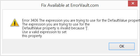 Download Error <?php echo $number; ?> (The expression you are trying to use for the DefaultValue property is invalid because '|') Repair Tool Fix The expression you are trying to use for the DefaultValue property is invalid because '|' (Error Code 3406)