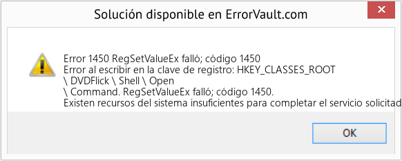 Fix RegSetValueEx falló; código 1450 (Error Code 1450)