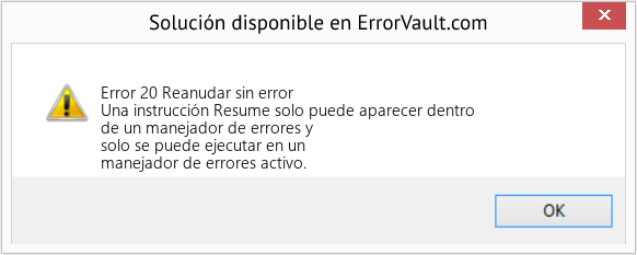 Descargar la herramienta de reparación de errores <?php echo $number; ?> (Reanudar sin error) Fix Reanudar sin error (Error Code 20)
