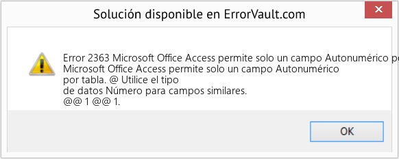 Descargar la herramienta de reparación de errores <?php echo $number; ?> (Microsoft Office Access permite solo un campo Autonumérico por tabla) Fix Microsoft Office Access permite solo un campo Autonumérico por tabla (Error Code 2363)