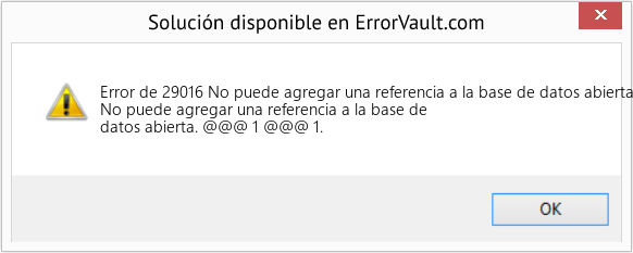 Descargar la herramienta de reparación de errores <?php echo $number; ?> (No puede agregar una referencia a la base de datos abierta) Fix No puede agregar una referencia a la base de datos abierta (Error Code de 29016)