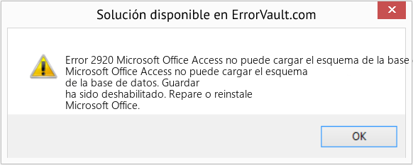 Descargar la herramienta de reparación de errores <?php echo $number; ?> (Microsoft Office Access no puede cargar el esquema de la base de datos) Fix Microsoft Office Access no puede cargar el esquema de la base de datos (Error Code 2920)