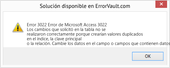 Descargar la herramienta de reparación de errores <?php echo $number; ?> (Error de Microsoft Access 3022) Fix Error de Microsoft Access 3022 (Error Code 3022)