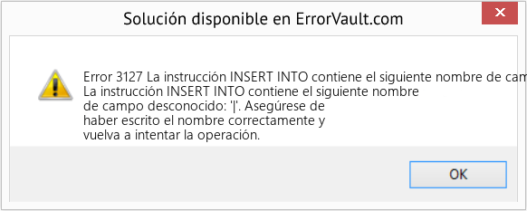 Descargar la herramienta de reparación de errores <?php echo $number; ?> (La instrucción INSERT INTO contiene el siguiente nombre de campo desconocido: '|') Fix La instrucción INSERT INTO contiene el siguiente nombre de campo desconocido: '|' (Error Code 3127)