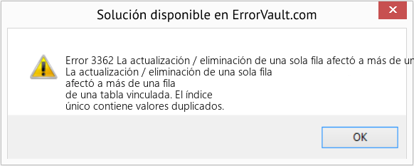 Descargar la herramienta de reparación de errores <?php echo $number; ?> (La actualización / eliminación de una sola fila afectó a más de una fila de una tabla vinculada) Fix La actualización / eliminación de una sola fila afectó a más de una fila de una tabla vinculada (Error Code 3362)