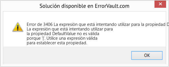 Descargar la herramienta de reparación de errores <?php echo $number; ?> (La expresión que está intentando utilizar para la propiedad DefaultValue no es válida porque '|') Fix La expresión que está intentando utilizar para la propiedad DefaultValue no es válida porque '|' (Error Code de 3406)