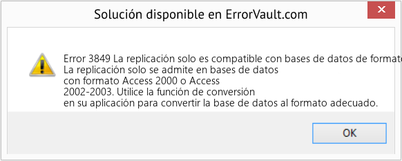 Descargar la herramienta de reparación de errores <?php echo $number; ?> (La replicación solo es compatible con bases de datos de formato Access 2000 o Access 2002-2003) Fix La replicación solo es compatible con bases de datos de formato Access 2000 o Access 2002-2003 (Error Code 3849)