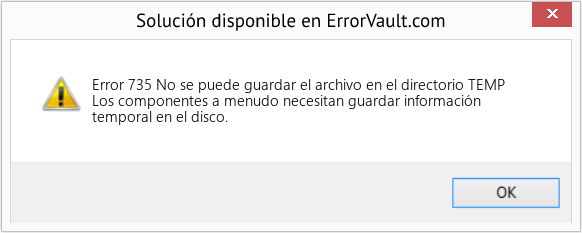 Descargar la herramienta de reparación de errores <?php echo $number; ?> (No se puede guardar el archivo en el directorio TEMP) Fix No se puede guardar el archivo en el directorio TEMP (Error Code 735)
