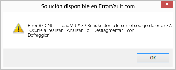 Descargar la herramienta de reparación de errores <?php echo $number; ?> (CNtfs :: LoadMft # 32 ReadSector falló con el código de error 87.) Fix CNtfs :: LoadMft # 32 ReadSector falló con el código de error 87. (Error Code 87)
