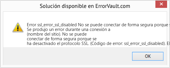 Descargar la herramienta de reparación de errores <?php echo $number; ?> (No se puede conectar de forma segura porque se ha inhabilitado el protocolo SSL) Fix No se puede conectar de forma segura porque se ha inhabilitado el protocolo SSL (Error Code ssl_error_ssl_disabled)