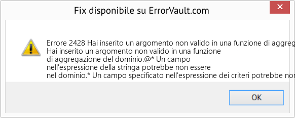 Download Error <?php echo $number; ?> (Hai inserito un argomento non valido in una funzione di aggregazione del dominio) Repair Tool Fix Hai inserito un argomento non valido in una funzione di aggregazione del dominio (Error Codee 2428)