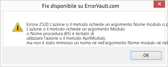 Download Error <?php echo $number; ?> (L'azione o il metodo richiede un argomento Nome modulo o procedura) Repair Tool Fix L'azione o il metodo richiede un argomento Nome modulo o procedura (Error Codee 2520)