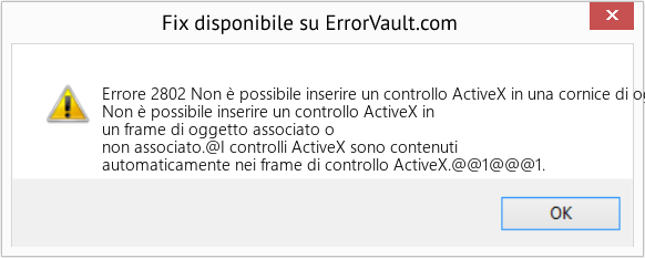 Download Error <?php echo $number; ?> (Non è possibile inserire un controllo ActiveX in una cornice di oggetti vincolati o non associati) Repair Tool Fix Non è possibile inserire un controllo ActiveX in una cornice di oggetti vincolati o non associati (Error Codee 2802)