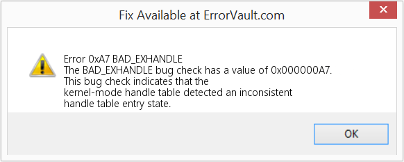 BAD_EXHANDLE 수정(오류 오류 0xA7)
