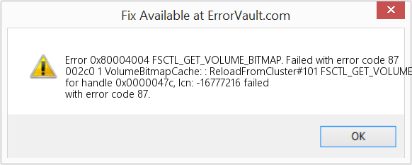 FSCTL_GET_VOLUME_BITMAP. 오류 코드 87로 실패 수정(오류 오류 0x80004004)