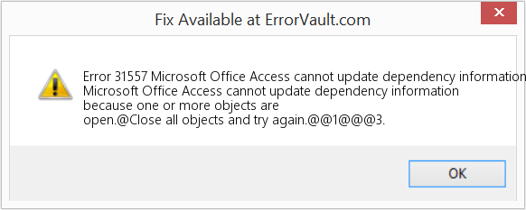 다운로드 오류 <?php echo $number; ?> (하나 이상의 개체가 열려 있으므로 Microsoft Office Access에서 종속성 정보를 업데이트할 수 없습니다.) 복구 도구 하나 이상의 개체가 열려 있으므로 Microsoft Office Access에서 종속성 정보를 업데이트할 수 없습니다. 수정(오류 오류 31557)