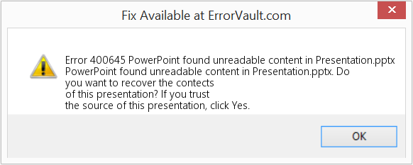PowerPoint에서 Presentation.pptx에서 읽을 수 없는 콘텐츠를 찾았습니다. 수정(오류 오류 400645)