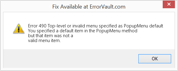 PopupMenu 기본값으로 지정된 최상위 메뉴 또는 잘못된 메뉴 수정(오류 오류 490)