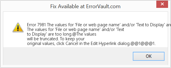 '파일 또는 웹 페이지 이름' 및/또는 '표시할 텍스트' 값이 너무 깁니다. 수정(오류 오류 7981)