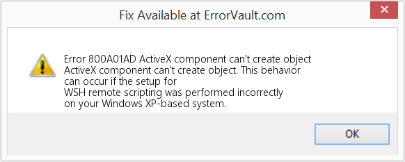 ActiveX 구성 요소는 개체를 만들 수 없습니다 수정(오류 오류 800A01AD)