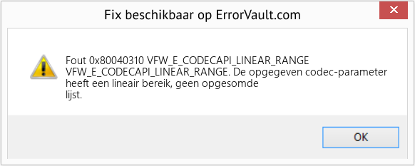 Download Fout <?php echo $nummer; ?> (VFW_E_CODECAPI_LINEAR_RANGE) Reparatie Tool Fix VFW_E_CODECAPI_LINEAR_RANGE (Fout Fout 0x80040310)