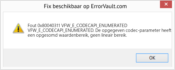 Download Fout <?php echo $nummer; ?> (VFW_E_CODECAPI_ENUMERATED) Reparatie Tool Fix VFW_E_CODECAPI_ENUMERATED (Fout Fout 0x80040311)