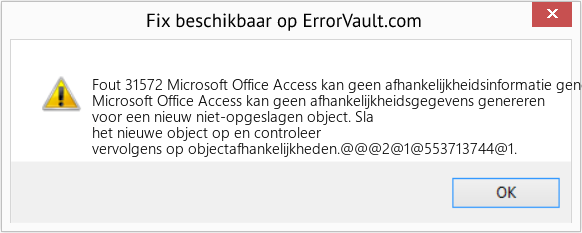 Download Fout <?php echo $nummer; ?> (Microsoft Office Access kan geen afhankelijkheidsinformatie genereren voor een nieuw niet-opgeslagen object) Reparatie Tool Fix Microsoft Office Access kan geen afhankelijkheidsinformatie genereren voor een nieuw niet-opgeslagen object (Fout Fout 31572)