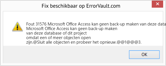 Download Fout <?php echo $nummer; ?> (Microsoft Office Access kan geen back-up maken van deze database of dit project omdat een of meer objecten open zijn) Reparatie Tool Fix Microsoft Office Access kan geen back-up maken van deze database of dit project omdat een of meer objecten open zijn (Fout Fout 31576)