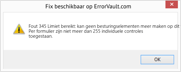 Download Fout <?php echo $nummer; ?> (Limiet bereikt: kan geen besturingselementen meer maken op dit formulier) Reparatie Tool Fix Limiet bereikt: kan geen besturingselementen meer maken op dit formulier (Fout Fout 345)