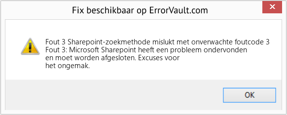 Download Fout <?php echo $nummer; ?> (Sharepoint-zoekmethode mislukt met onverwachte foutcode 3) Reparatie Tool Fix Sharepoint-zoekmethode mislukt met onverwachte foutcode 3 (Fout Fout 3)