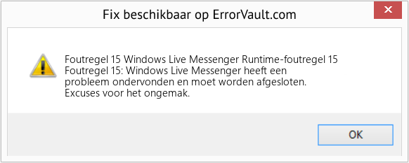 Download Fout <?php echo $nummer; ?> (Windows Live Messenger Runtime-foutregel 15) Reparatie Tool Fix Windows Live Messenger Runtime-foutregel 15 (Fout Foutregel 15)