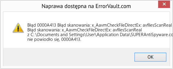 Pobierz Błąd <?php echo $number; ?> (Błąd skanowania: x_AavmCheckFileDirectEx: avfilesScanReal z C: \Documents and Settings\User\Application Data\SUPERAntiSpyware) Narzędzie naprawcze Fix Błąd skanowania: x_AavmCheckFileDirectEx: avfilesScanReal z C: \Documents and Settings\User\Application Data\SUPERAntiSpyware (Error Błąd 0000A413)
