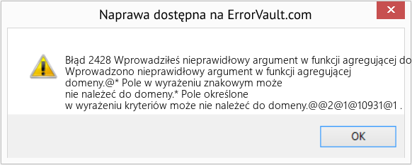 Pobierz Błąd <?php echo $number; ?> (Wprowadziłeś nieprawidłowy argument w funkcji agregującej domeny) Narzędzie naprawcze Fix Wprowadziłeś nieprawidłowy argument w funkcji agregującej domeny (Error Błąd 2428)