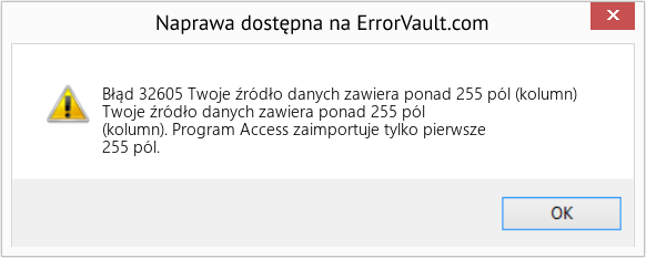 Pobierz Błąd <?php echo $number; ?> (Twoje źródło danych zawiera ponad 255 pól (kolumn)) Narzędzie naprawcze Fix Twoje źródło danych zawiera ponad 255 pól (kolumn) (Error Błąd 32605)