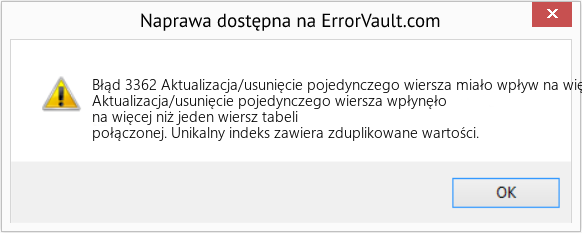 Pobierz Błąd <?php echo $number; ?> (Aktualizacja/usunięcie pojedynczego wiersza miało wpływ na więcej niż jeden wiersz połączonej tabeli) Narzędzie naprawcze Fix Aktualizacja/usunięcie pojedynczego wiersza miało wpływ na więcej niż jeden wiersz połączonej tabeli (Error Błąd 3362)