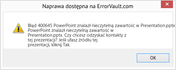 Pobierz Błąd <?php echo $number; ?> (PowerPoint znalazł nieczytelną zawartość w Presentation.pptx) Narzędzie naprawcze Fix PowerPoint znalazł nieczytelną zawartość w Presentation.pptx (Error Błąd 400645)