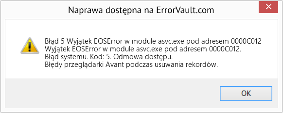 Pobierz Błąd <?php echo $number; ?> (Wyjątek EOSError w module asvc.exe pod adresem 0000C012) Narzędzie naprawcze Fix Wyjątek EOSError w module asvc.exe pod adresem 0000C012 (Error Błąd 5)