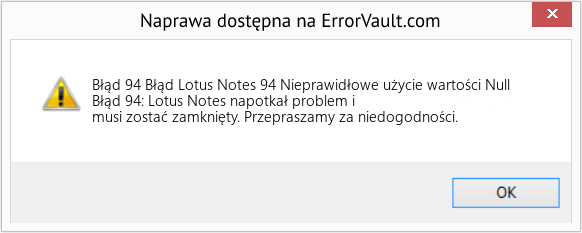 Pobierz Błąd <?php echo $number; ?> (Błąd Lotus Notes 94 Nieprawidłowe użycie wartości Null) Narzędzie naprawcze Fix Błąd Lotus Notes 94 Nieprawidłowe użycie wartości Null (Error Błąd 94)