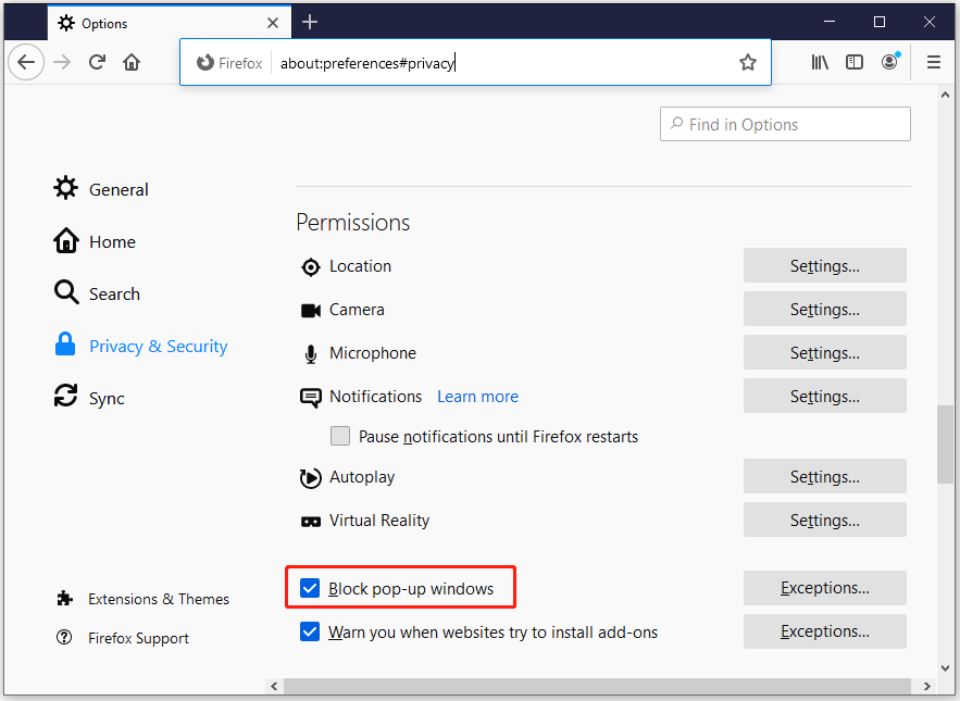 Scroll down to the "Permissions" section.
Click on "Settings" next to "Block pop-up windows."