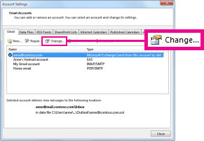 Select the email account that is associated with the offline folders.
Click on "Change".